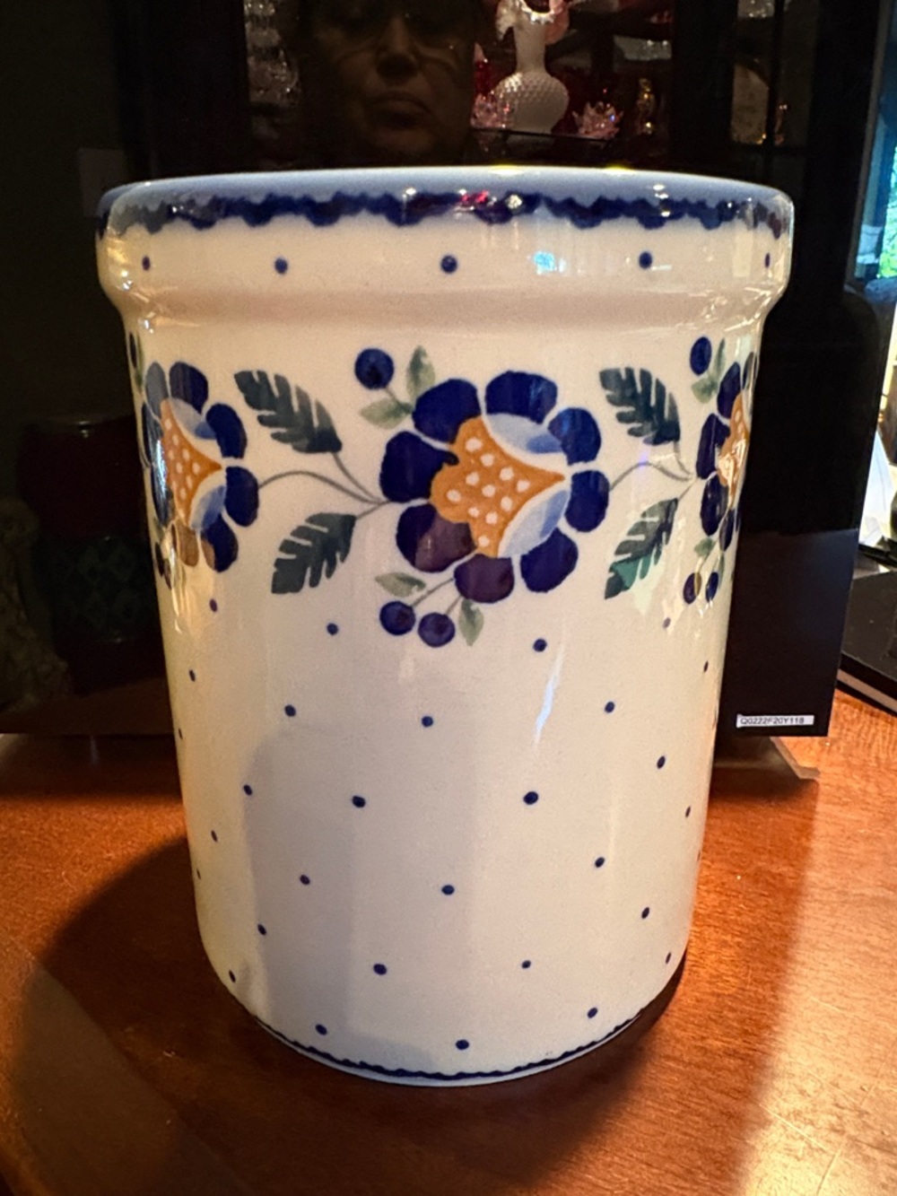 Hand-Painted Ceramic Utensil Holder with Blue Floral Design - Made in Poland
